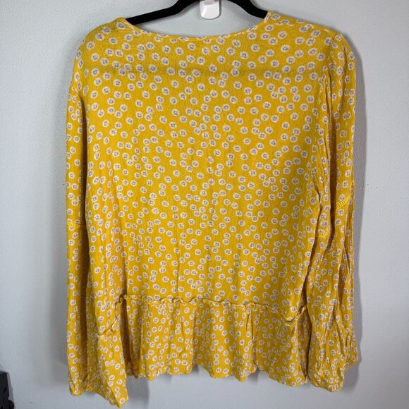 Pleione Yellow Floral Tiered V-Neck Blouse Womens Large Boho Peasant Relaxed - Picture 2 of 12
